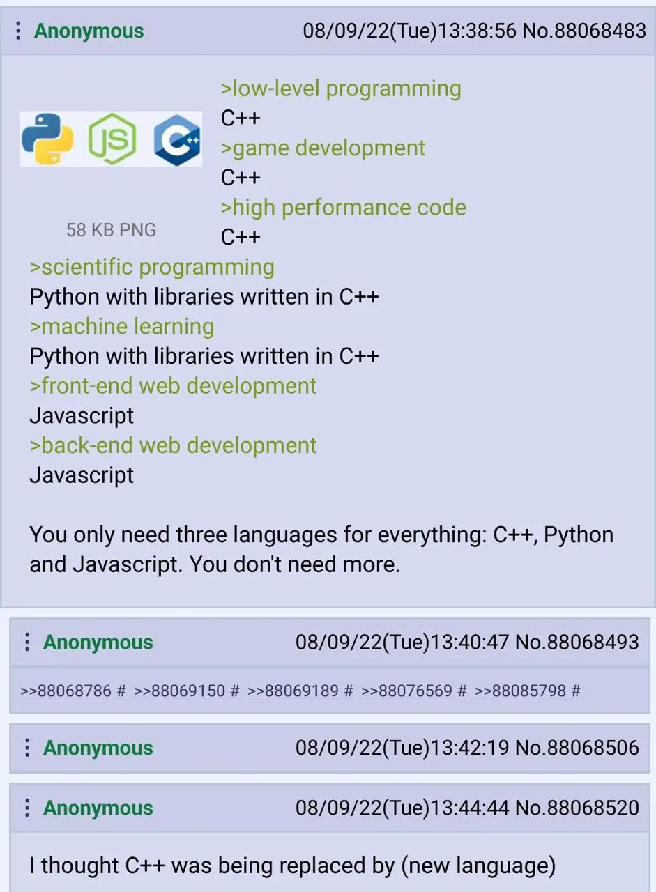 You only need three languages for everything: C++, Python
and Javascript. You don't need more.
